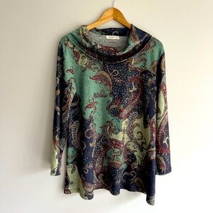 Jess&Jane Paisley Cowl Neck Long Sleeve Top Medium made in USA